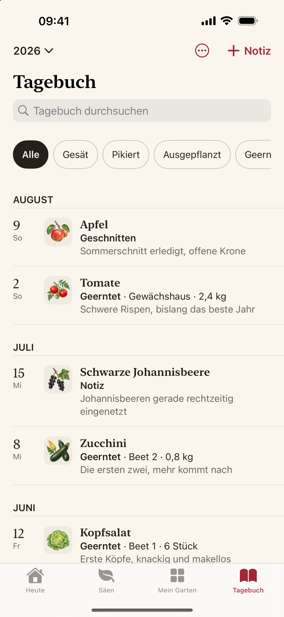 Das Saisonjournal mit Einträgen aus zwei Saisons