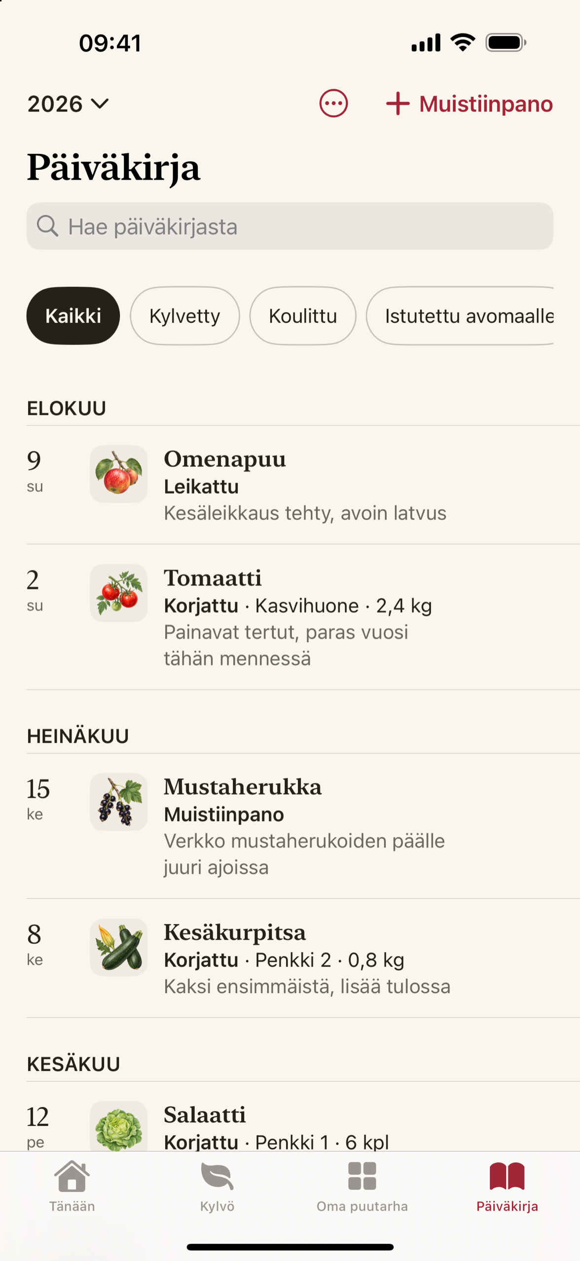 Kasvukauden päiväkirja, jossa on merkintöjä kahdelta kaudelta