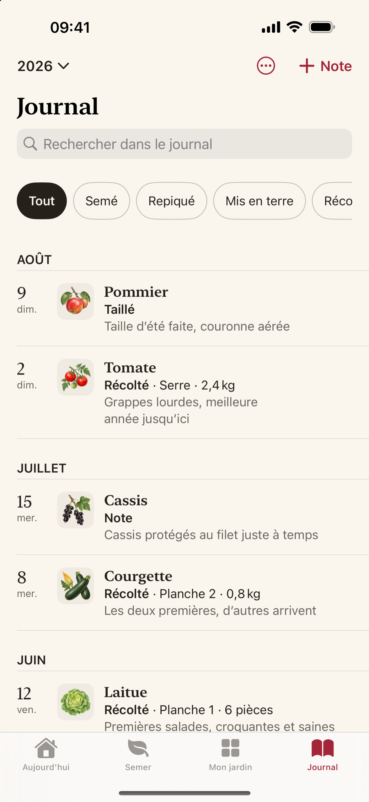 Le journal de saison avec des entrées sur deux saisons