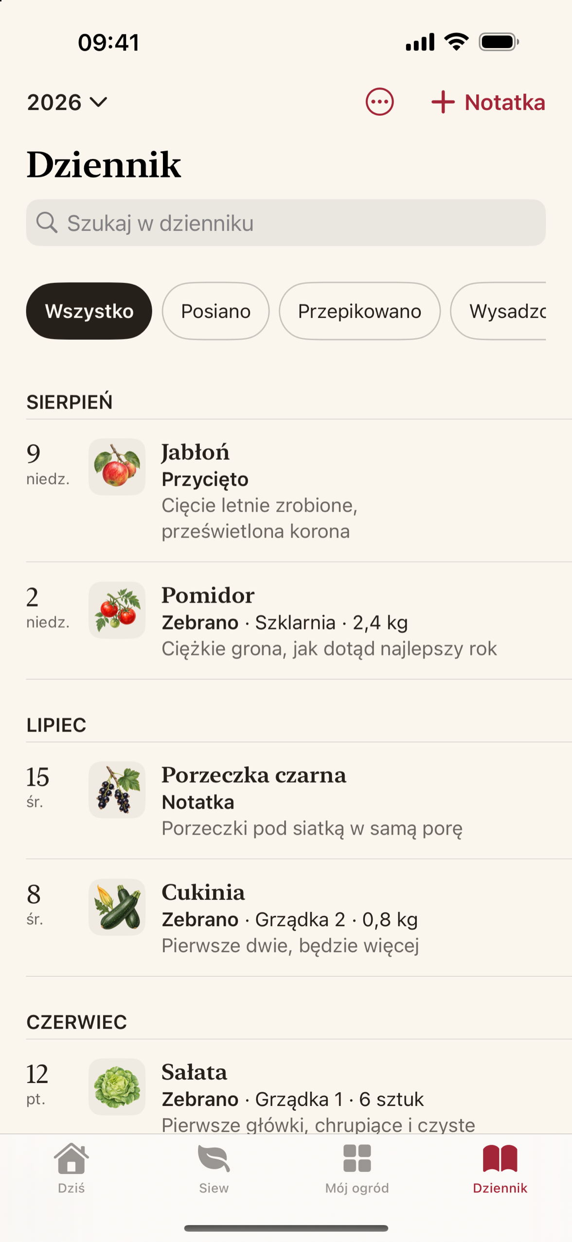 Dziennik sezonowy z wpisami z dwóch sezonów