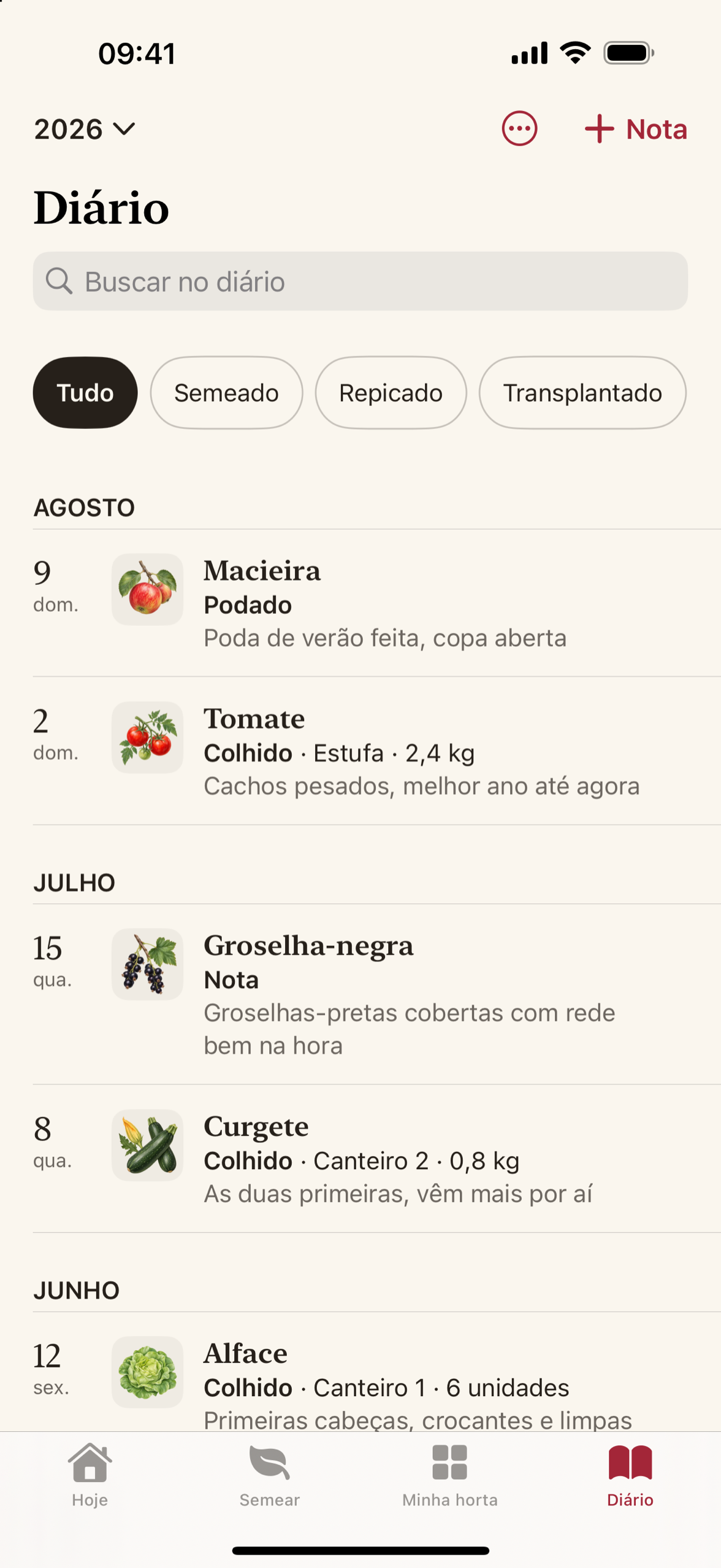O diário da temporada, com registros de duas temporadas diferentes