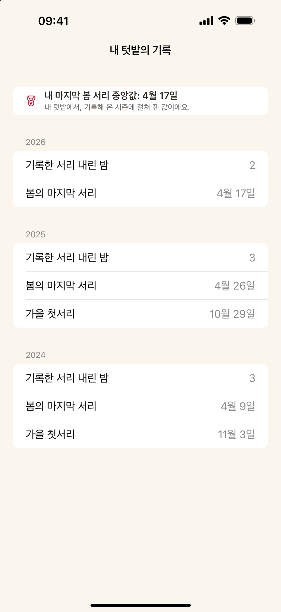 기록된 서리 날짜들을 바탕으로 만들어진, 여러분의 정원만의 서리 기록입니다.