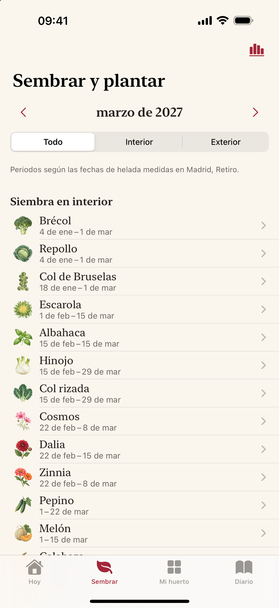 Vista mensual de qué es seguro sembrar y plantar, cultivo por cultivo