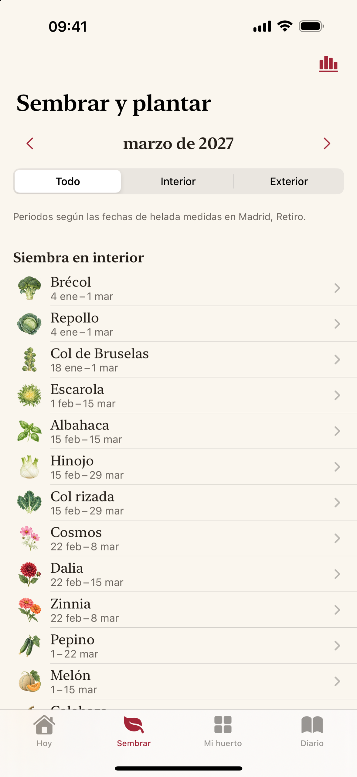 Vista mensual de qué es seguro sembrar y plantar, cultivo por cultivo