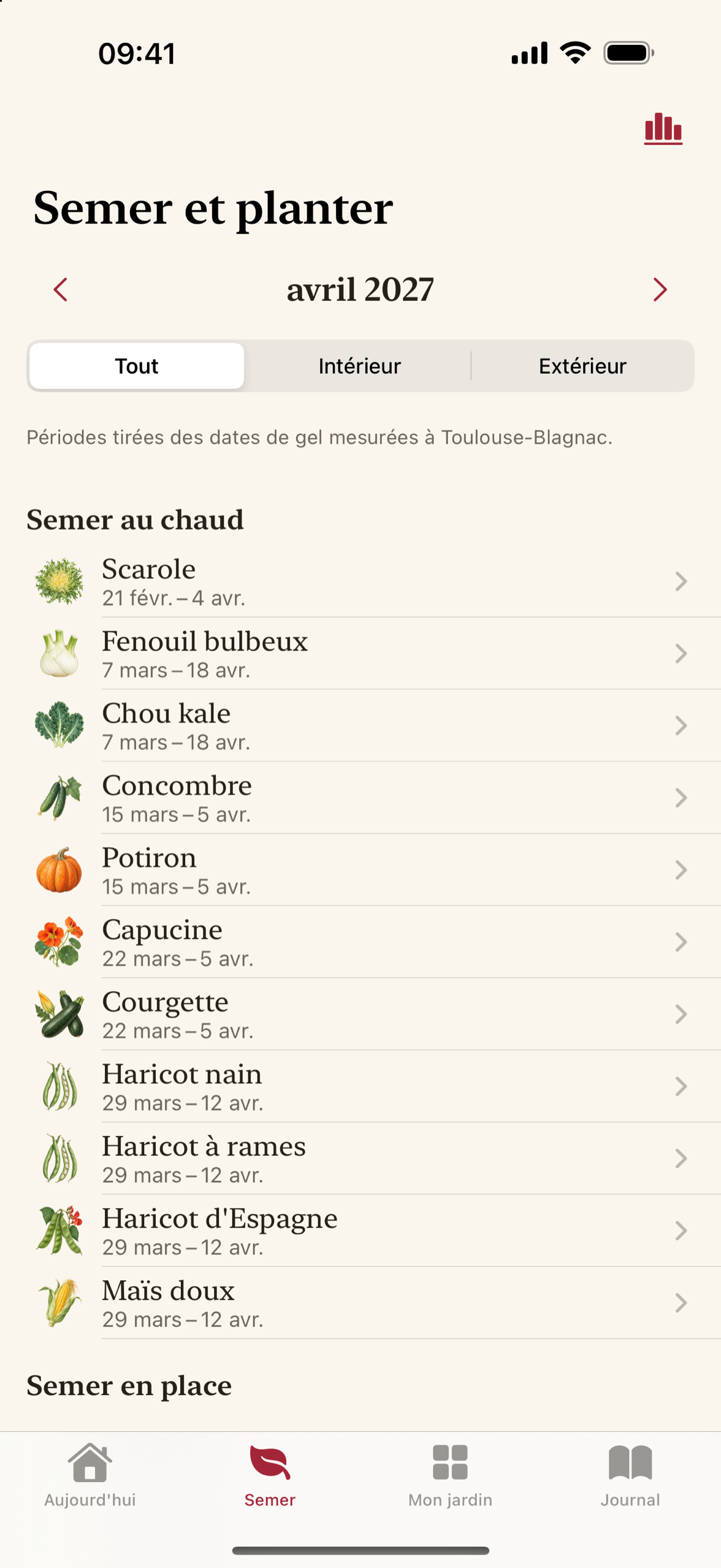 Vue mensuelle de ce qui peut être semé et planté, culture par culture