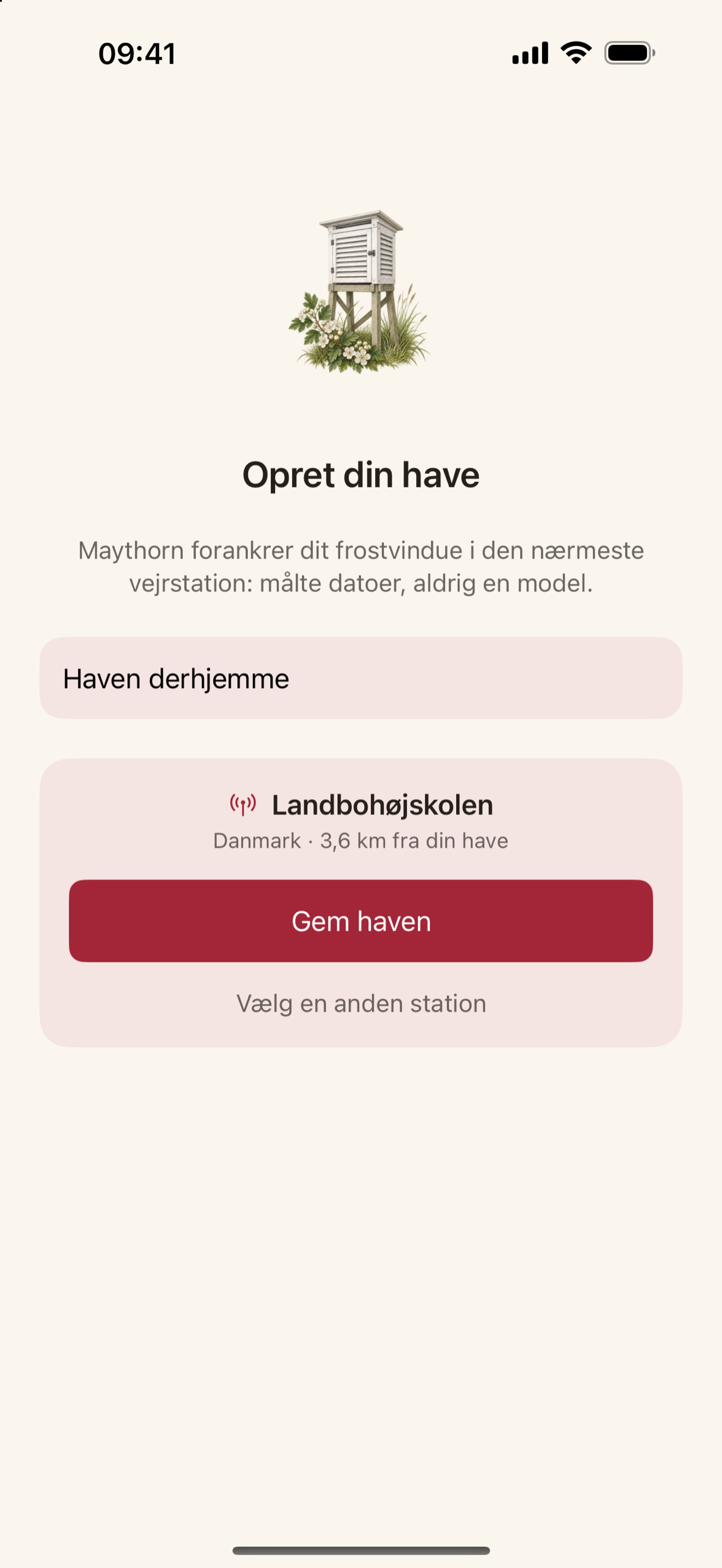 Valg af vejrstation: landelisten med afstanden til hver station