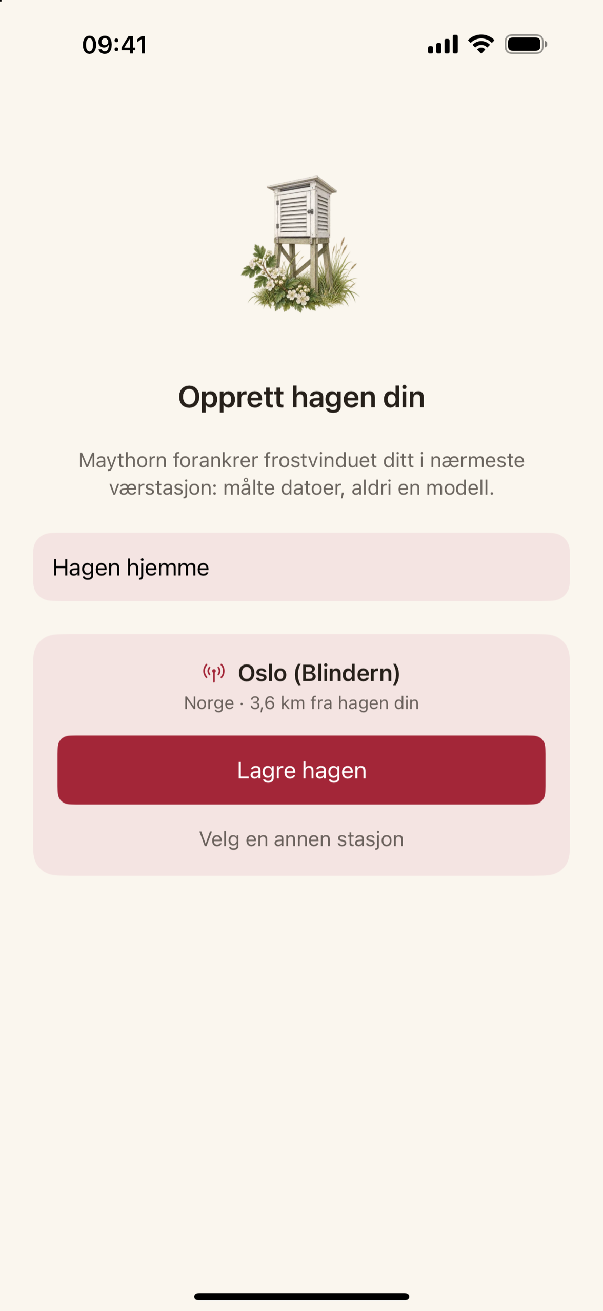 Valg av værstasjon: landlisten med avstanden til hver stasjon