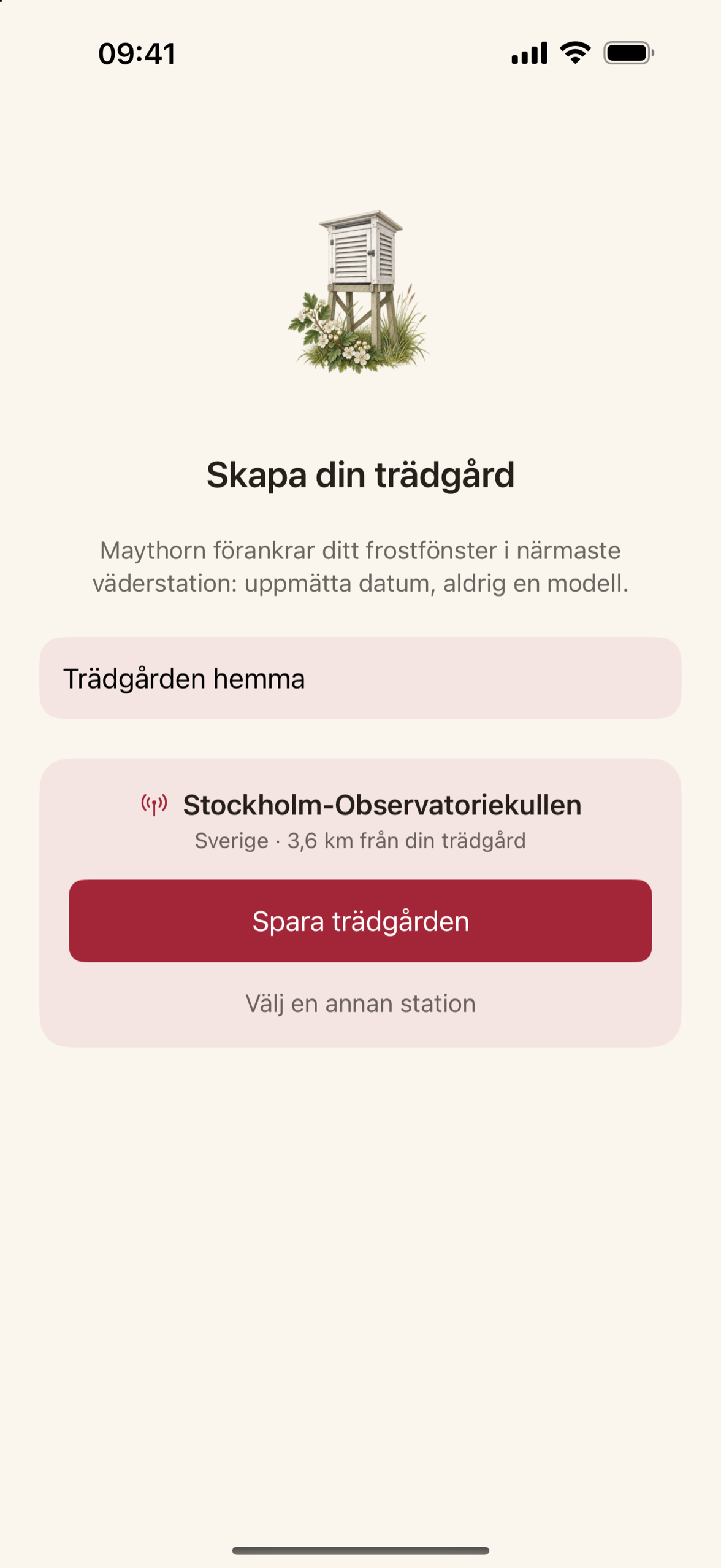 Val av väderstation: landlistan med avståndet till varje station
