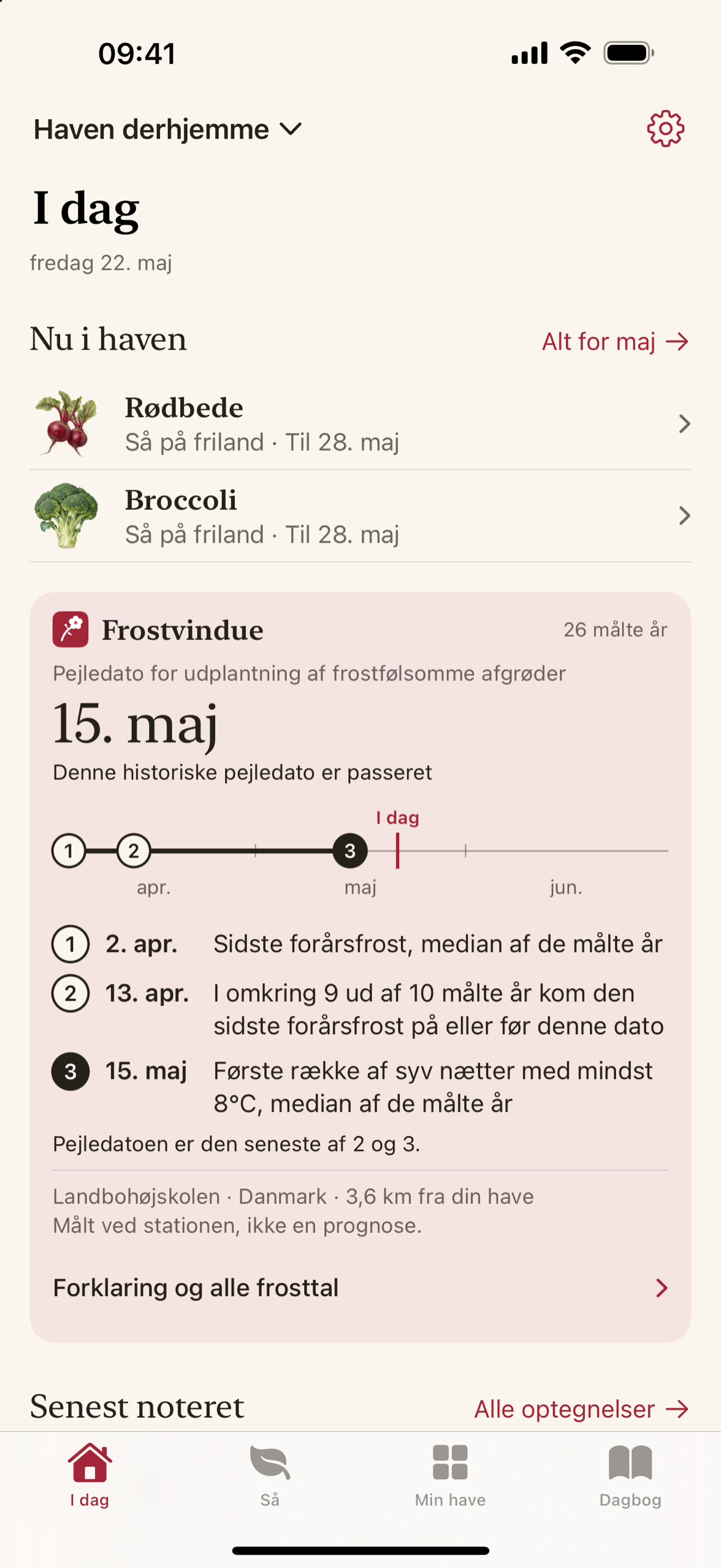 Maythorn viser frostperioden: mediandatoen for sidste frost, datoen der overskrides ét år ud af ti, og stationen bag tallene