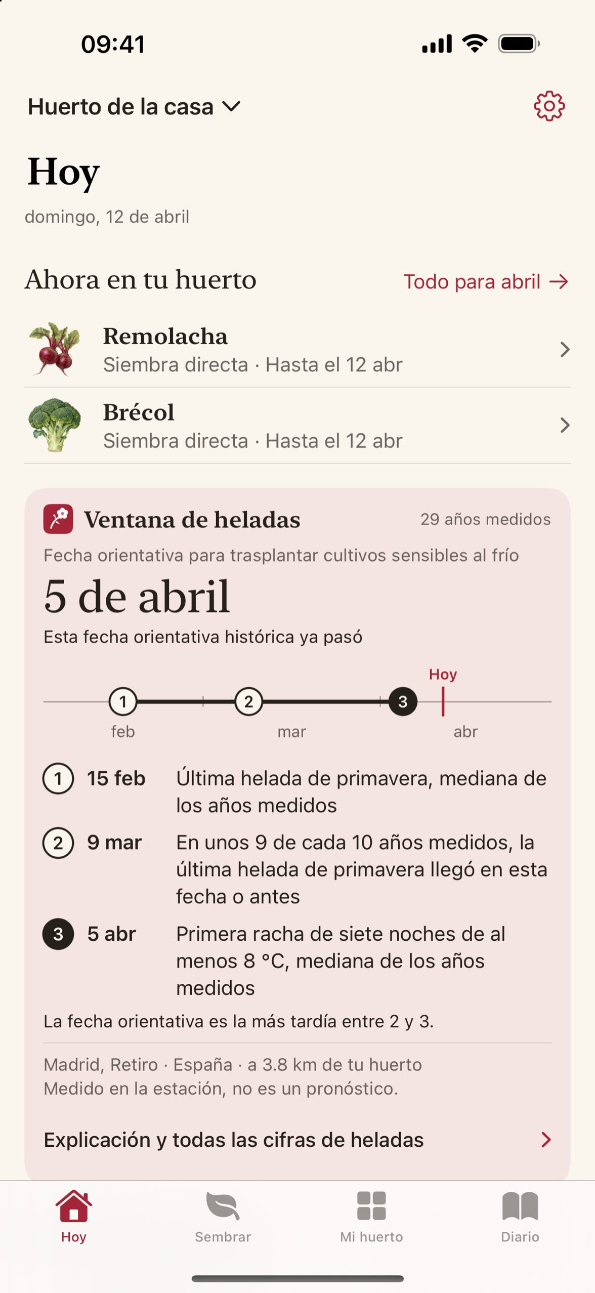 Maythorn muestra un período de heladas: la fecha media de la última helada, la fecha que ocurre una vez cada diez años, y la estación desde donde proviene esa información.