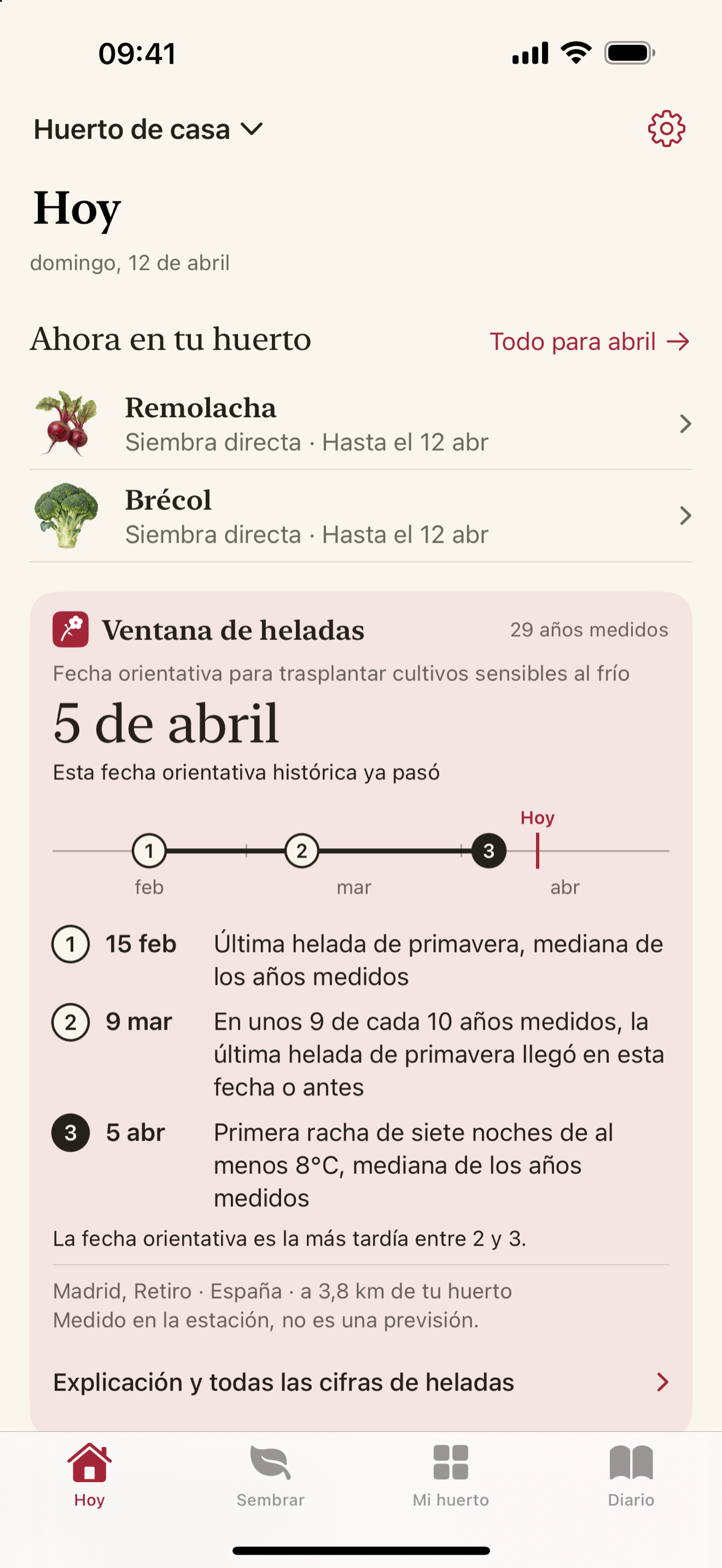 Maythorn muestra un período de heladas: la fecha media de la última helada, la fecha que ocurre una vez cada diez años, y la estación desde donde proviene esa información.