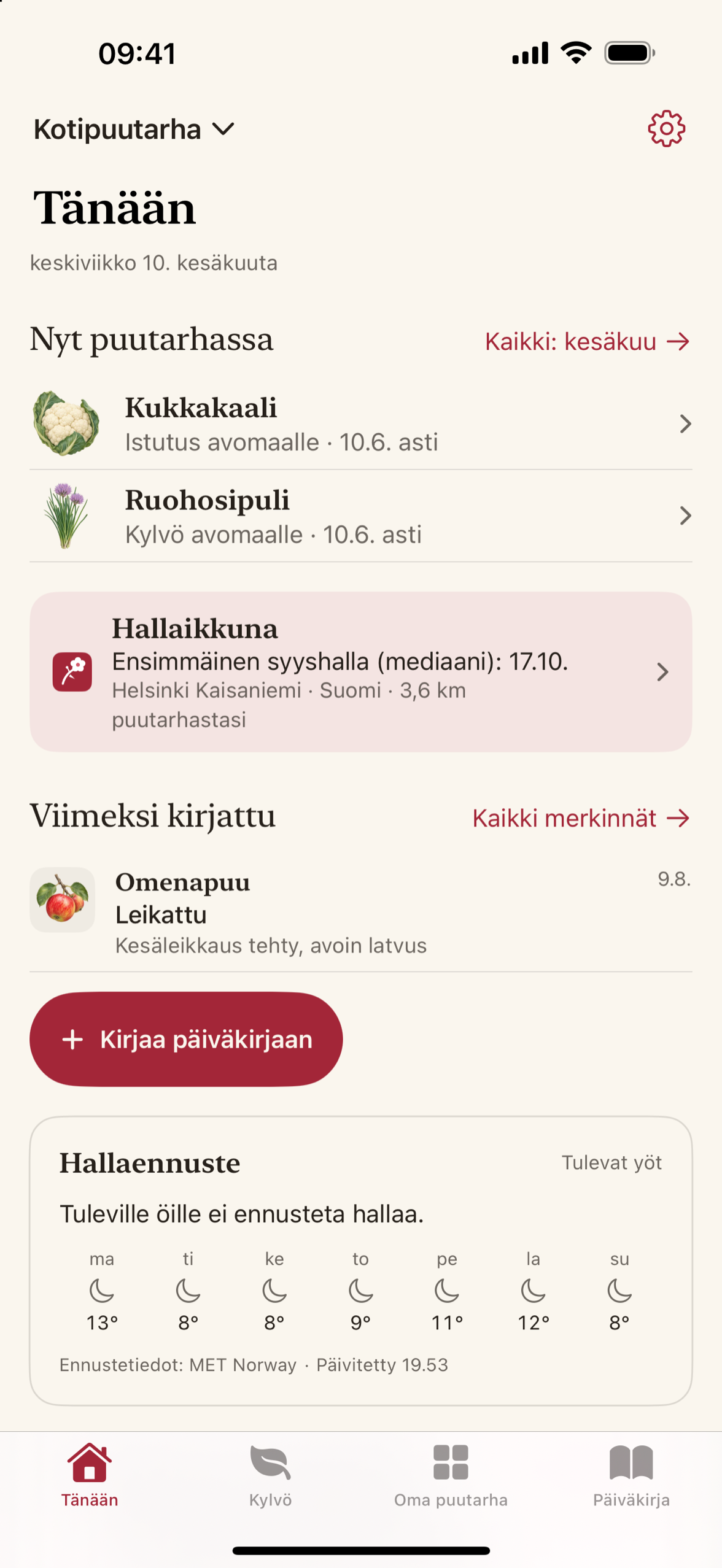 Maythornin hallanäkymä: viimeisen hallan mediaanipäivä, kerran kymmenessä vuodessa ylittyvä päivämäärä ja tietojen lähteenä oleva sääasema