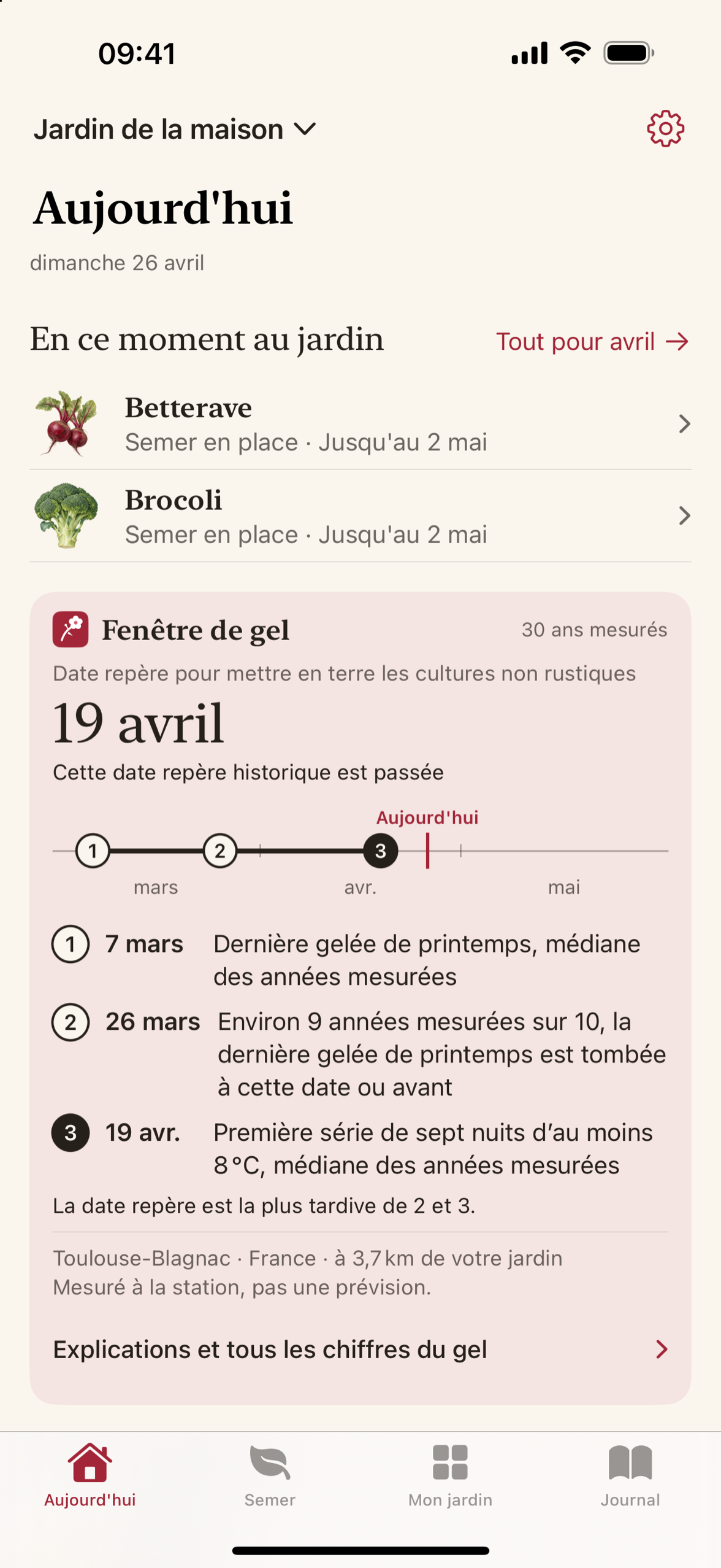 Maythorn affiche une fenêtre de gel : la date médiane du dernier gel, la date qui se produit tous les dix ans, ainsi que la station d’où ces données proviennent.