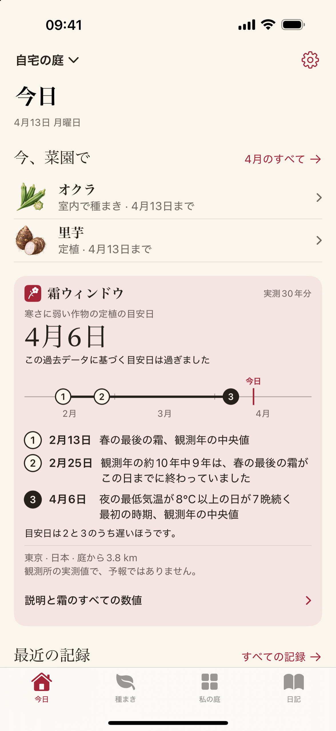 Maythornには、最終霜日の中央値、10年に1度の日付、そしてそのデータが得られた観測所が表示されます。