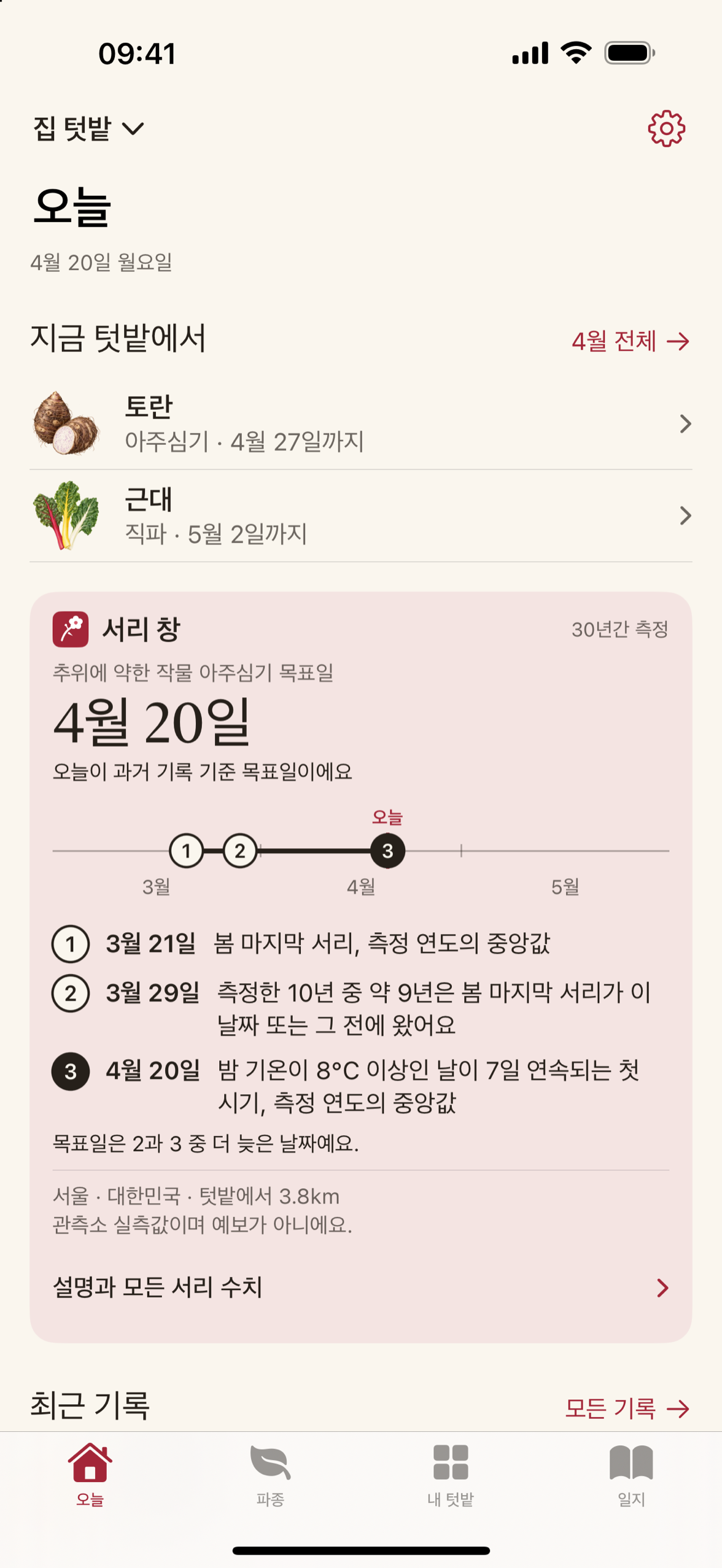 Maythorn는 서리가 내리는 시기를 보여줍니다. 즉, 평균적인 마지막 서리 날짜, 10년에 한 번씩 발생하는 서리 날짜, 그리고 해당 정보가 수집된 관측소의 위치입니다.