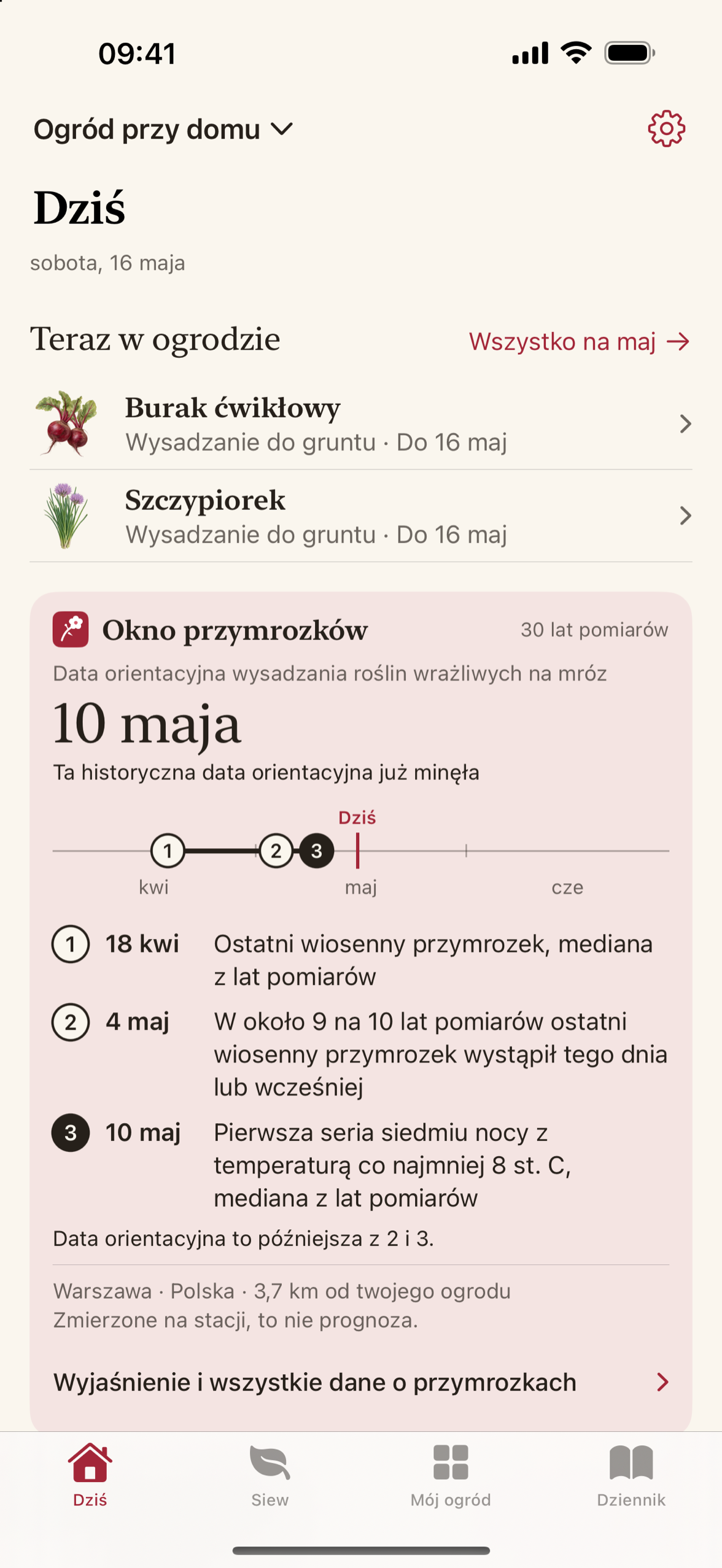 Maythorn pokazuje okno mrozu: medianę ostatniego mrozu, datę występującą raz na dziesięć lat oraz stację, z której pochodzi.