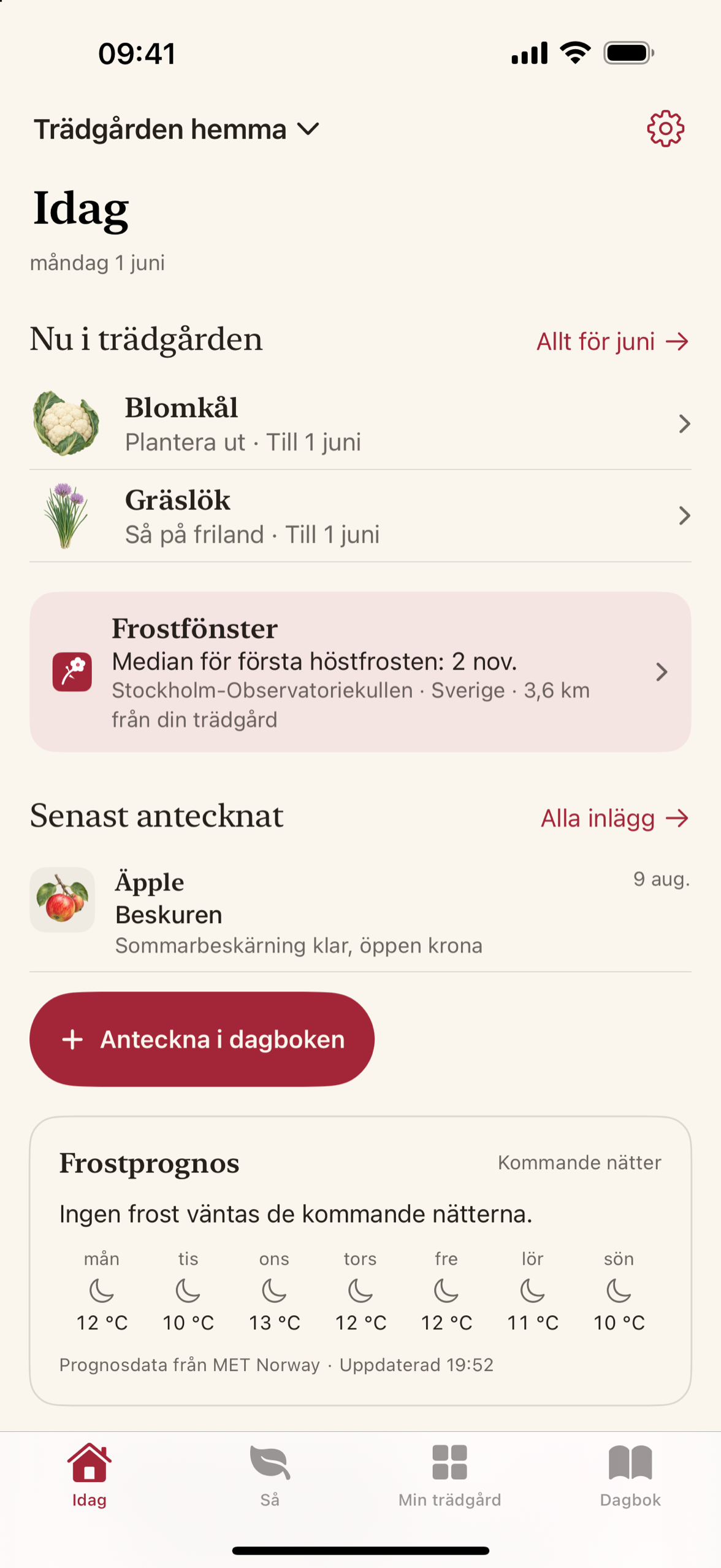 Maythorn visar frostperioden: mediandatumet för den sista frosten, datumet som överskrids ett år av tio och stationen som uppgifterna kommer från